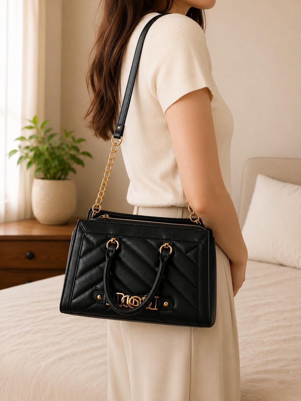 Bebe Black Quilted Leather Shoulder Bag with Gold Hardware - Picture 2 of 4